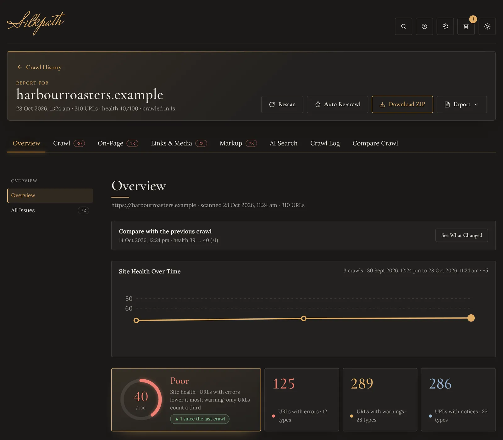 A Silkpath report in the app: the Overview of harbourroasters.example with the site health ring at 40 out of 100, URLs with errors, warnings and notices, and the Rescan, Auto Re-crawl, Download ZIP and Export buttons